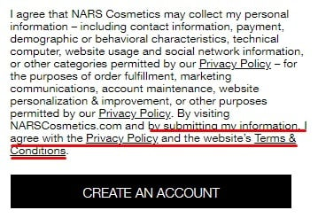 NARS Cosmetics: Create account page with I Agree to Privacy Policy and Terms and Conditions highlighted