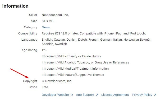 Nextdoor Apple App Store listing - Information - Copyright Notice highlighted