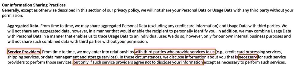 PBworks Privacy Policy: Our Information Sharing Practices clause - Service Providers section highlighted