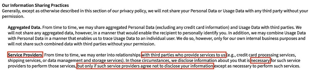 PBworks Privacy Policy: Our Information Sharing Practices clause - Service Providers section highlighted