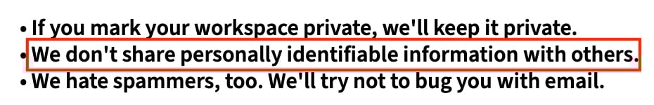 PBworks Privacy Policy: Summary section with section about sharing personal information highlighted