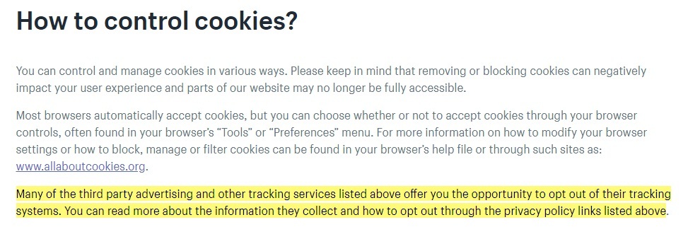 Shopify Cookie Policy: How to Control Cookies clause - Third party advertising and opt-out section