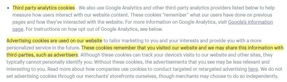 Shopify Cookie Policy: Third Party Analytics and Advertising Cookies clauses