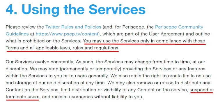 Twitter Terms of Service: Using the Services clause excerpt