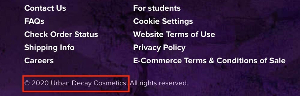 Urban Decay Cosmetics website footer with Copyright Notice highlighted