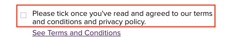 Urban Decay create account form with Agree to Terms and Conditions and Privacy Policy checkbox