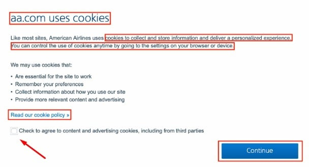 American Airlines Cookie Consent Notice