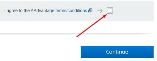 American Airlines Create Account form: Agree to Terms and Conditions checkbox