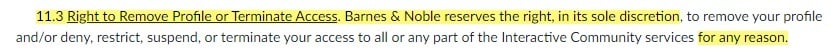 Barnes and Noble Terms of Use: Right to Remove Profile or Terminate Access clause