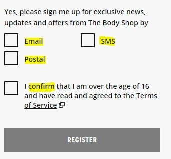 The Body Shop Register Account form with checkboxes for consent to marketing content