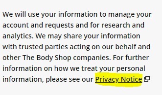 The Body Shop Register Account form: How it will use information with Privacy Notice link