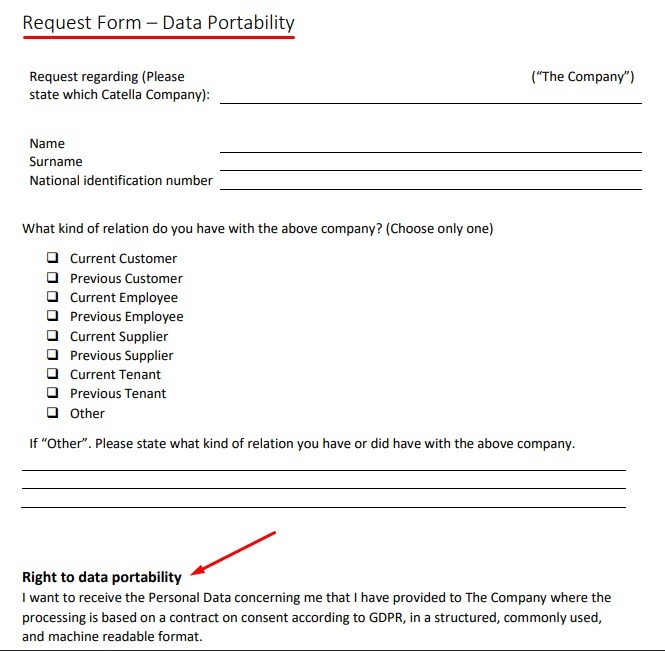 Screenshot of Catella Group Data Portability Request Form