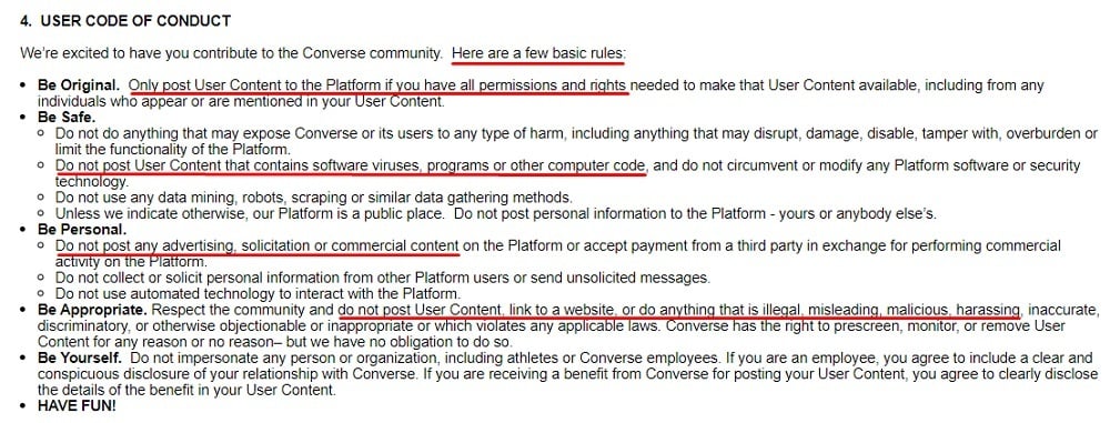 Converse Terms of Use: User Code of Conduct clause