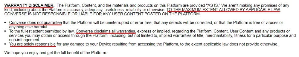 Converse Terms of Use: Warranty Disclaimer clause