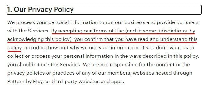 Etsy Privacy Policy: Accepting the Terms of Use section