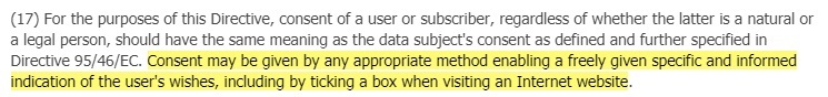 EUR-Lex: ePrivacy Directive Section 17 - Ticking a box is consent section highlighted