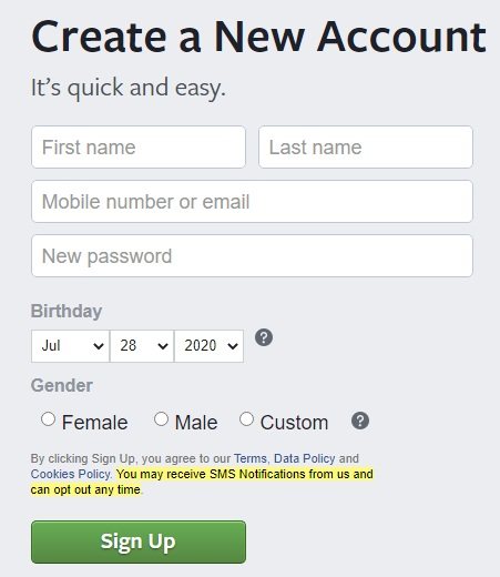 Facebook Create Account form with SMS Notifications highlighted