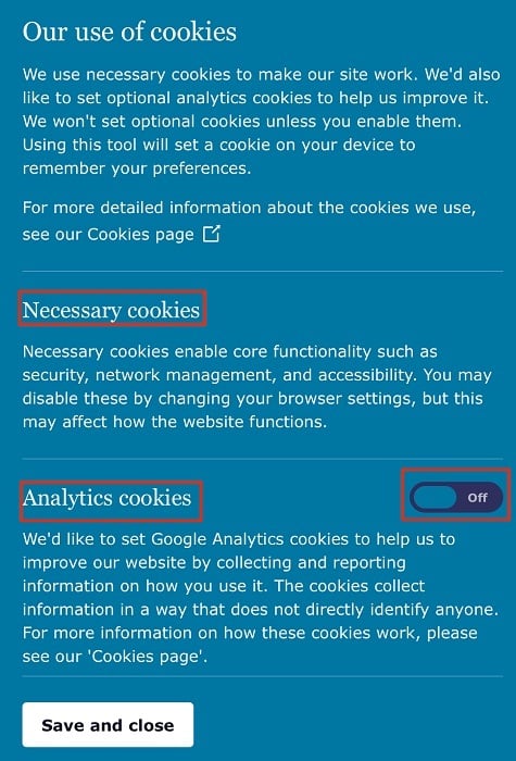 ICO Cookie Consent Notice with toggle button highlighted