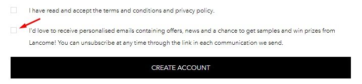 Lancome Create Account form with consent checkboxes