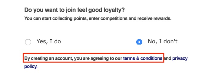 Neals Yard Remedies Loyalty: Account sign-up form with Agree to Terms and Conditions highlighted