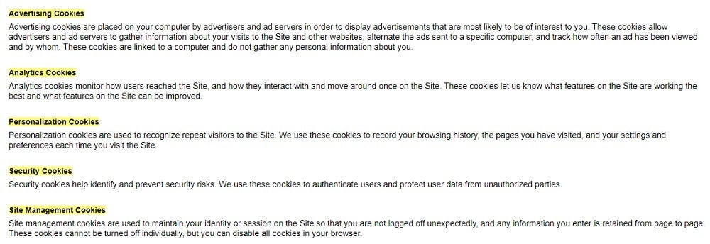 Rogue Fitness Cookie Policy: Excerpt of Types of cookies used clause