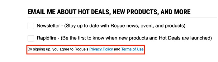 Rogue Fitness USA email sign-up form with implied consent highlighted