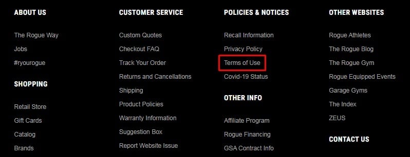 Rogue Fitness website footer: Policies and Notices section - Terms of Use highlighted