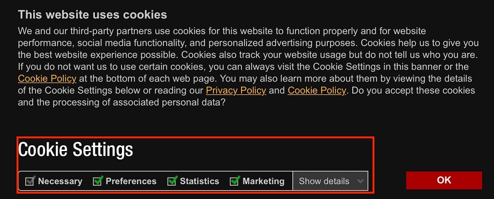 T Nation Cookie Consent Notice with all cookies boxes checked