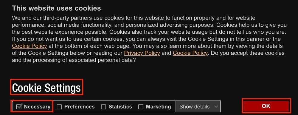 T Nation Cookie Consent Notice with Necessary cookies box checked