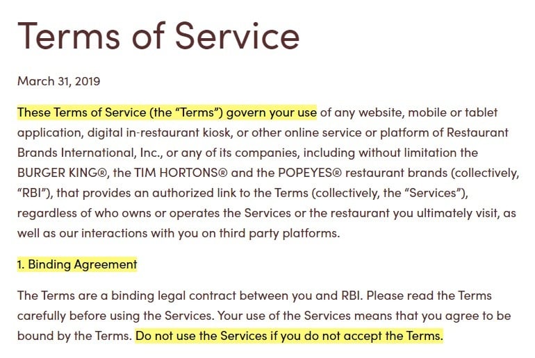 Tim Hortons Terms of Service: Introduction and Binding Agreement section