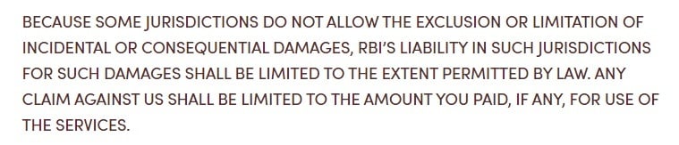 Tim Hortons Terms of Service: Limitation of Liability clause - Limited damages section