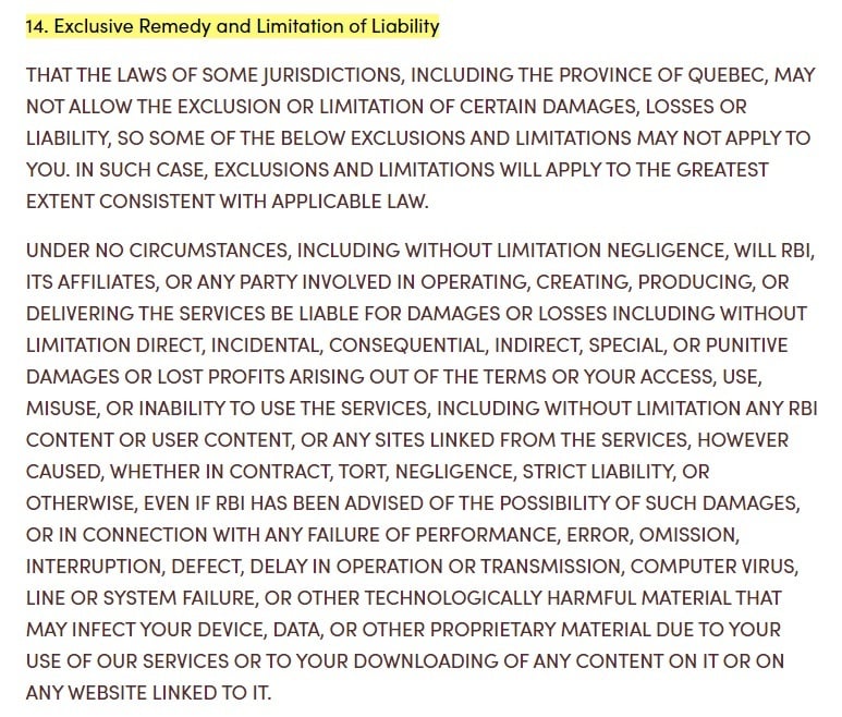 Tim Hortons Terms of Service: Limitation of Liability clause
