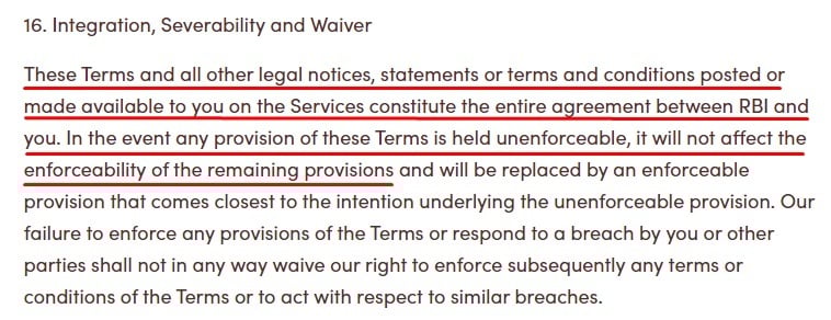 Tim Hortons Terms of Use: Integration, Severability and Waiver clause