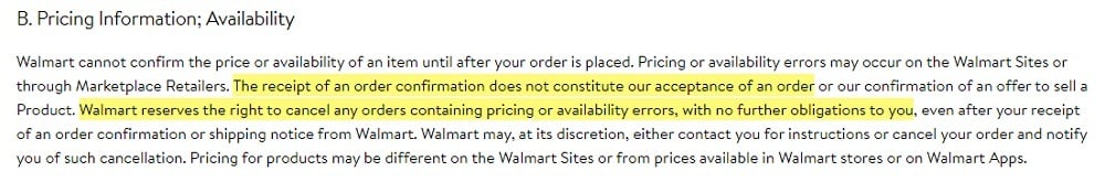 Walmart Terms of Use: Pricing Information and Availability clause