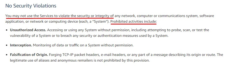 Amazon Web Services Acceptable Use Policy: No security violations