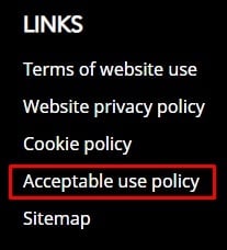 Calastone website footer with Acceptable Use Policy highlighted