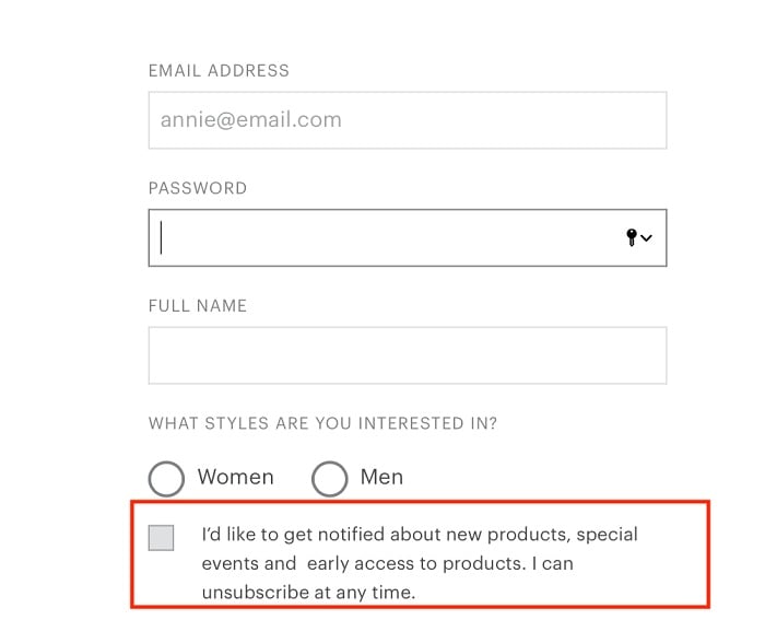 Everlane account sign-up form with marketing consent checkbox highlighted