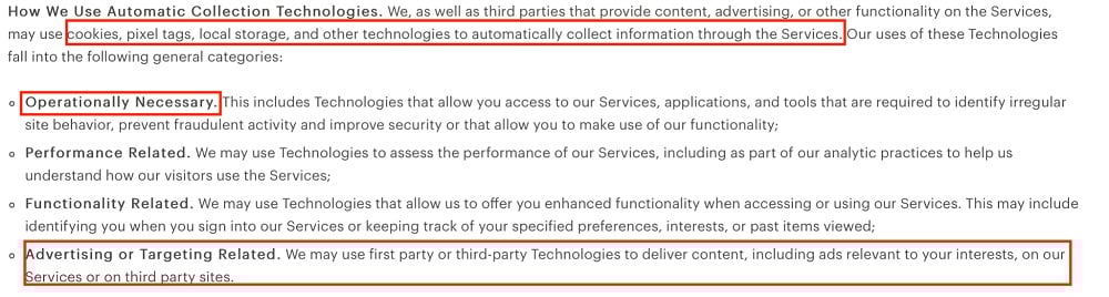 Everlane Privacy Policy: How We Use Automatic Collection Technologies clause