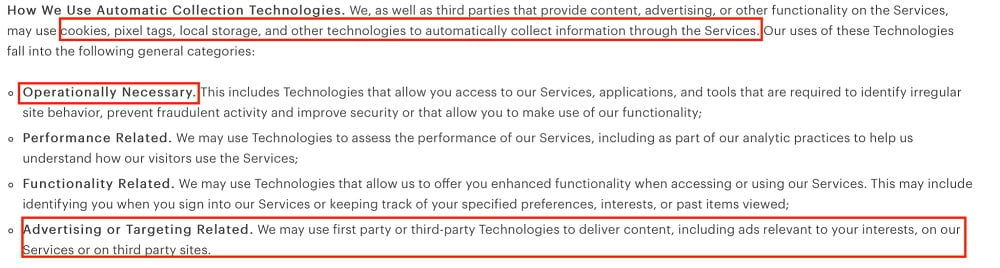 Everlane Privacy Policy: How We Use Automatic Collection Technologies clause