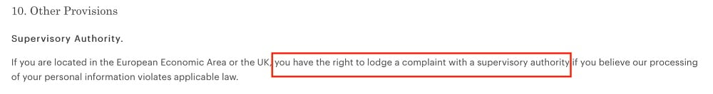 Everlane Privacy Policy: Other Provisions clause - Supervisory Authority section
