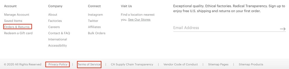 Everlane website footer with Privacy Policy, Terms of Use, Orders and Returns policy links highlighted