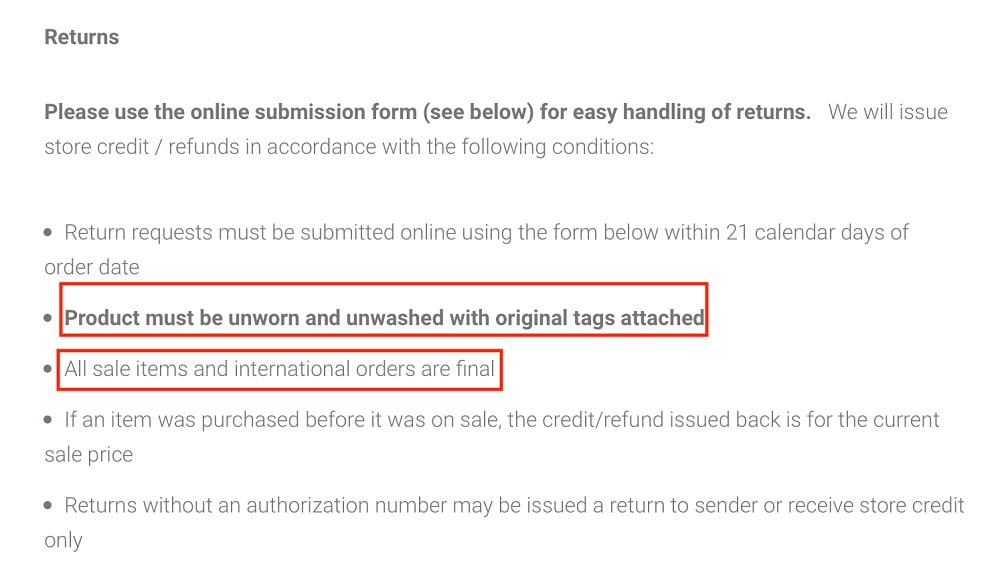 FLEO Returns and Exchanges Policy: Conditions of return and final sale sections highlighted