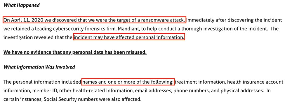 Magellan Health: Notice of Security Incident - What happened and what information was involved sections