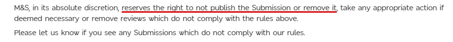 Marks and Spencer Terms and Conditions: Right to remove submissions clause