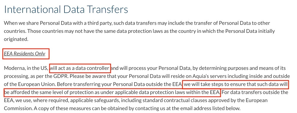 Moderna Privacy Policy: International Data Transfers clause - EEA Residents section