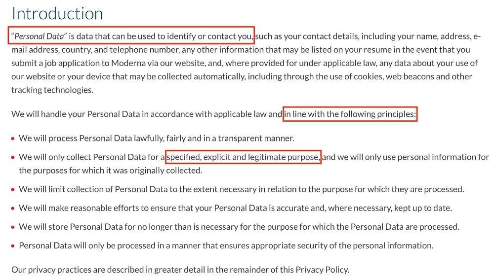 Moderna Privacy Policy: Introduction clause