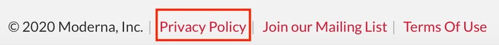 Moderna website footer with Privacy Policy link highlighted