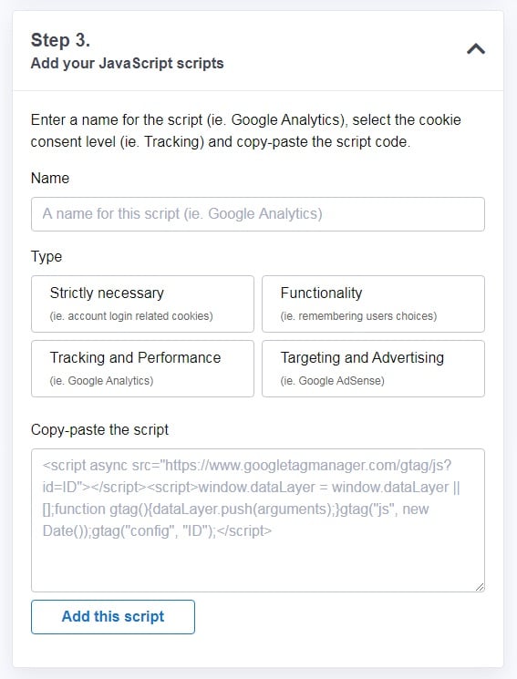 PrivacyPolicies.com: Cookies Consent - Add your JavaScript scripts - Step 3