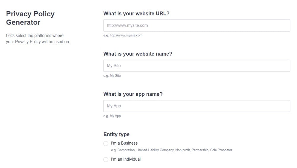 PrivacyPolicies.com: Privacy Policy Generator - Add your business info - Step 2