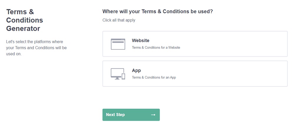 PrivacyPolicies.com - Terms and Conditions Generator: Create your Terms and Conditions - Step 1